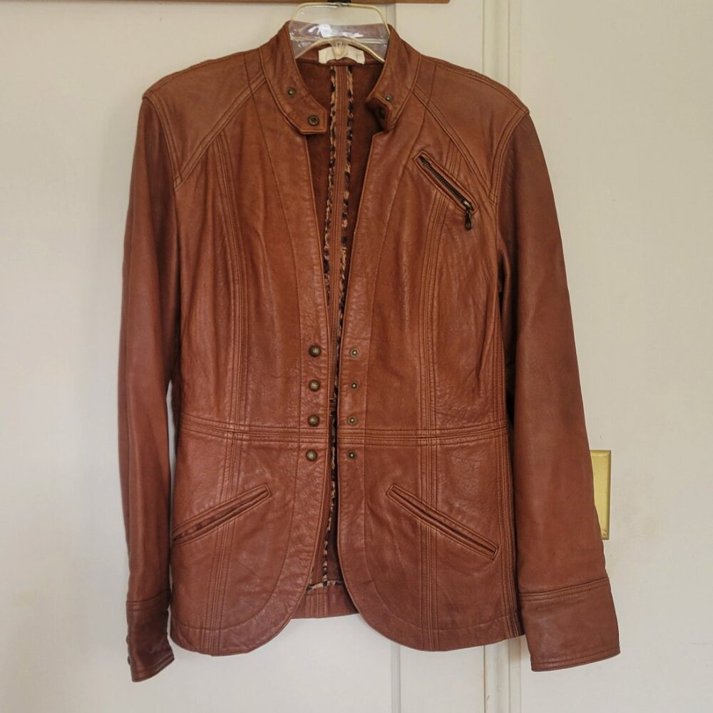 Coldwater Creek Women’s sz 4 XS V-Neck 4-Button Lamb Skin? Leather Jacket Brown